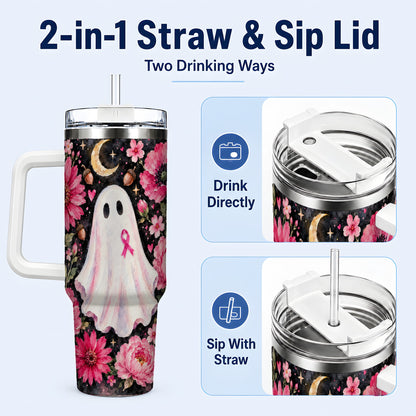 #pl[40oz|White] Pink Floral Ghost 40oz Tumbler with Handle, Awareness Ribbon Travel Cup