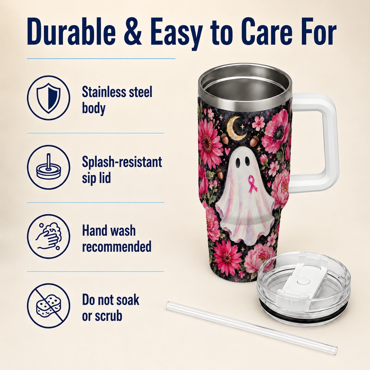 #pl[40oz|White] Pink Floral Ghost 40oz Tumbler with Handle, Awareness Ribbon Travel Cup