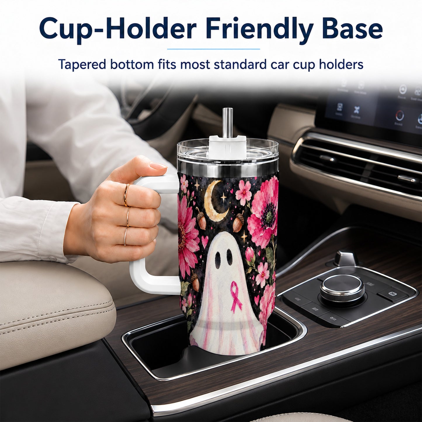 #pl[40oz|White] Pink Floral Ghost 40oz Tumbler with Handle, Awareness Ribbon Travel Cup