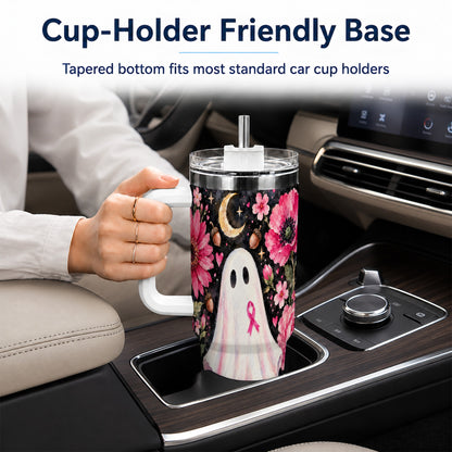 #pl[40oz|White] Pink Floral Ghost 40oz Tumbler with Handle, Awareness Ribbon Travel Cup