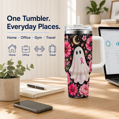 #pl[40oz|White] Pink Floral Ghost 40oz Tumbler with Handle, Awareness Ribbon Travel Cup