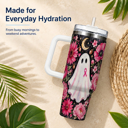#pl[40oz|White] Pink Floral Ghost 40oz Tumbler with Handle, Awareness Ribbon Travel Cup