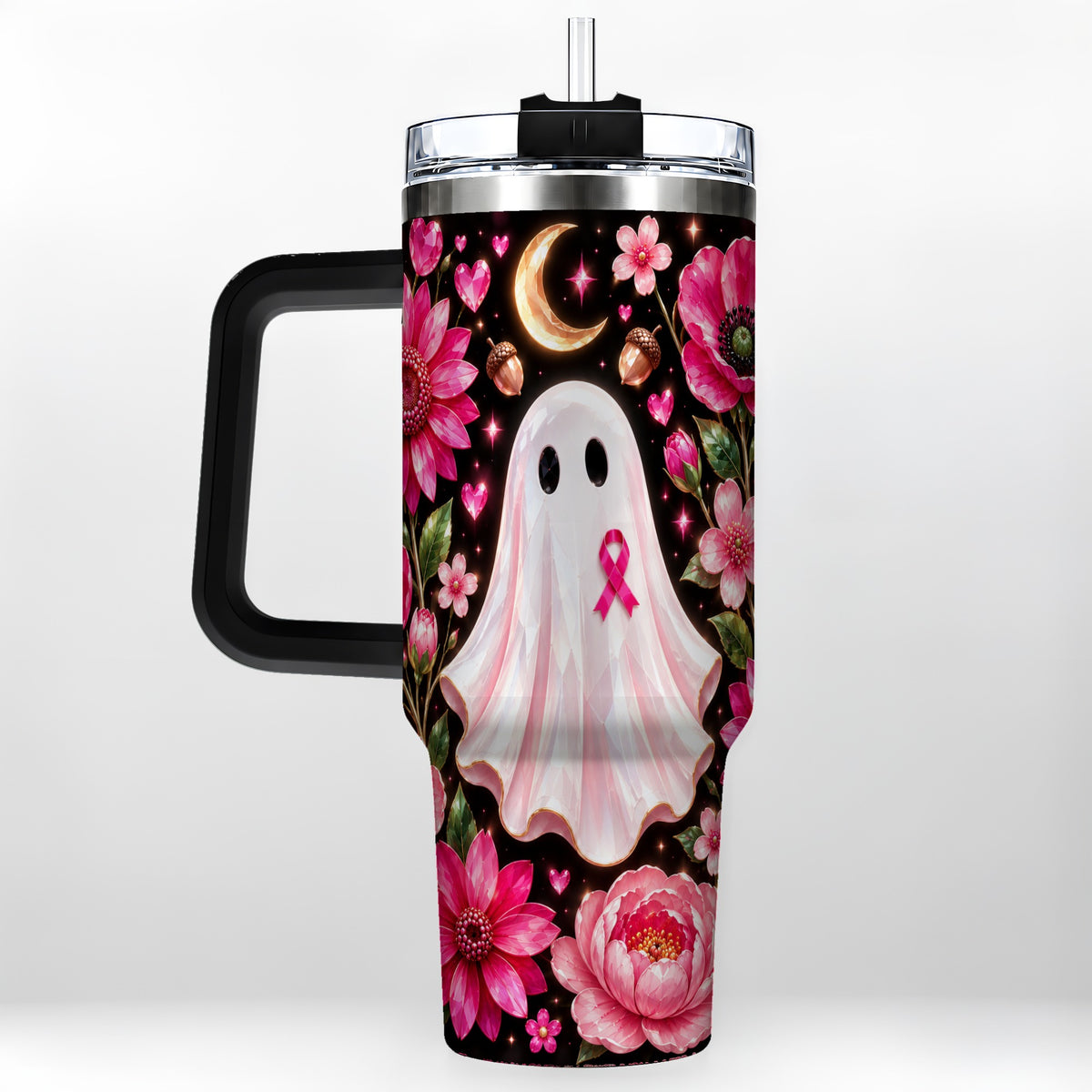 #pl[40oz|Black] Gem Style Pink Ghost 40oz Tumbler with Handle, Floral Ribbon Travel Cup