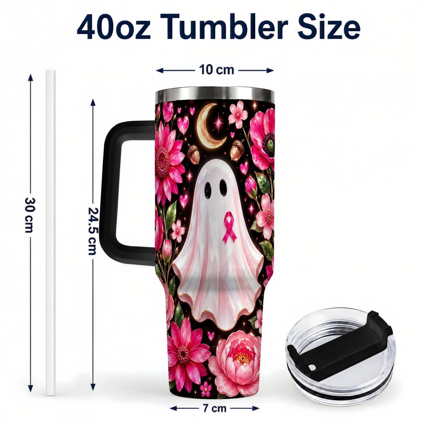 #pl[40oz|Black] Gem Style Pink Ghost 40oz Tumbler with Handle, Floral Ribbon Travel Cup