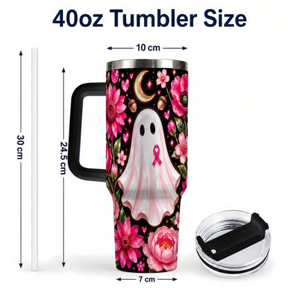 #pl[40oz|Black] Gem Style Pink Ghost 40oz Tumbler with Handle, Floral Ribbon Travel Cup