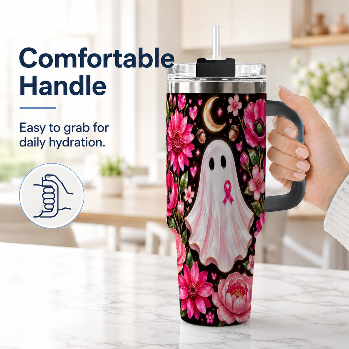 #pl[40oz|Black] Gem Style Pink Ghost 40oz Tumbler with Handle, Floral Ribbon Travel Cup