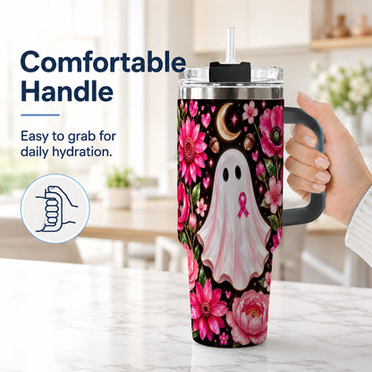 #pl[40oz|Black] Gem Style Pink Ghost 40oz Tumbler with Handle, Floral Ribbon Travel Cup