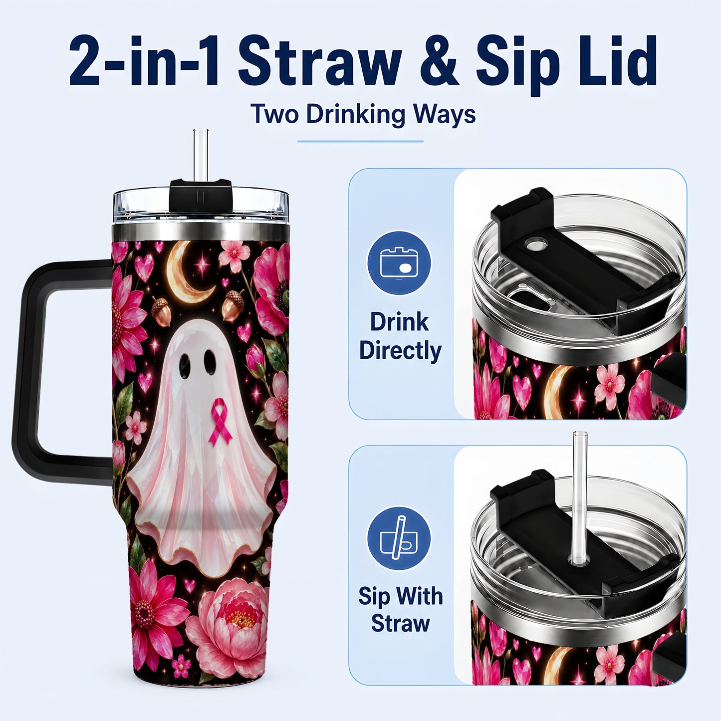 #pl[40oz|Black] Gem Style Pink Ghost 40oz Tumbler with Handle, Floral Ribbon Travel Cup