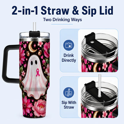 #pl[40oz|Black] Gem Style Pink Ghost 40oz Tumbler with Handle, Floral Ribbon Travel Cup
