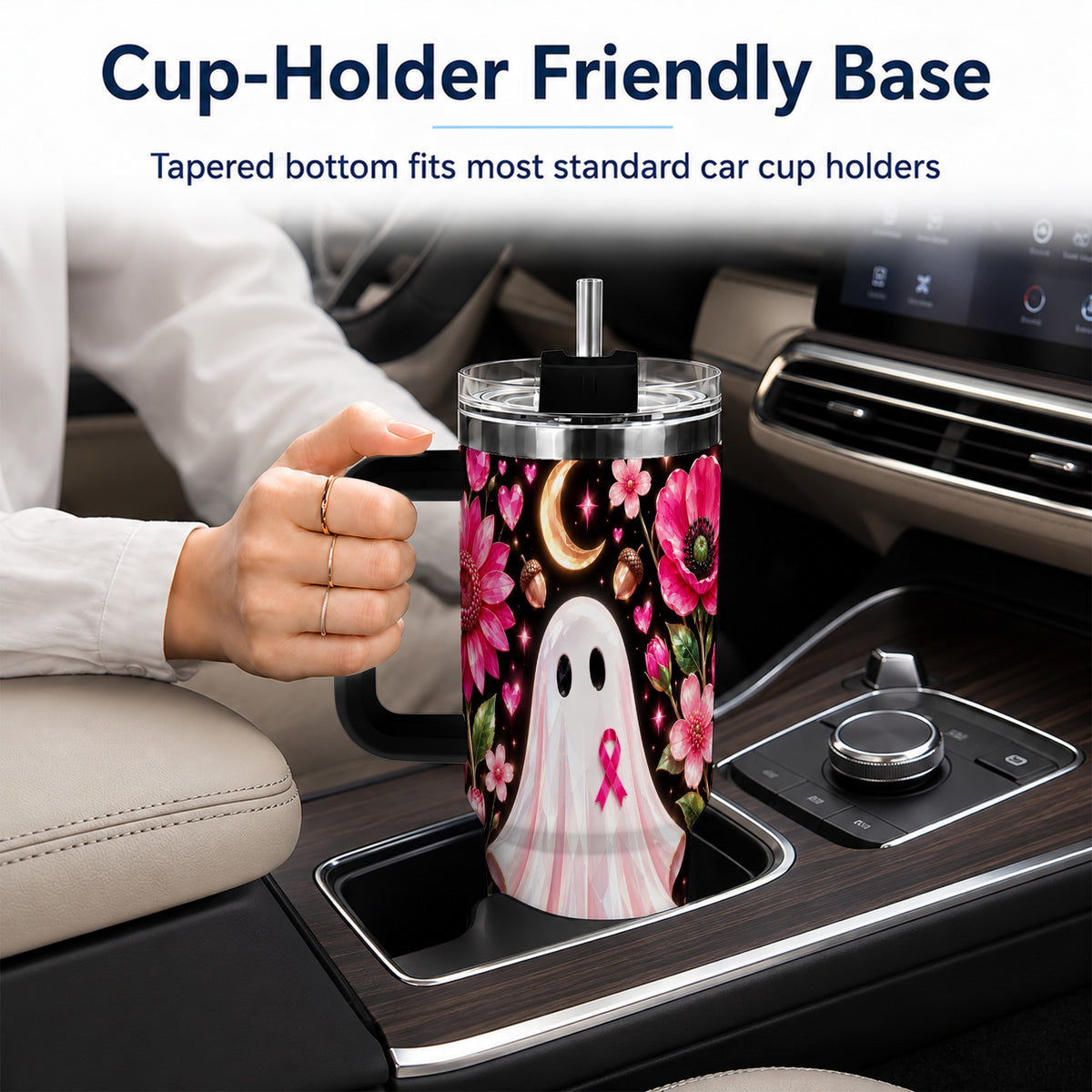 #pl[40oz|Black] Gem Style Pink Ghost 40oz Tumbler with Handle, Floral Ribbon Travel Cup