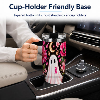#pl[40oz|Black] Gem Style Pink Ghost 40oz Tumbler with Handle, Floral Ribbon Travel Cup