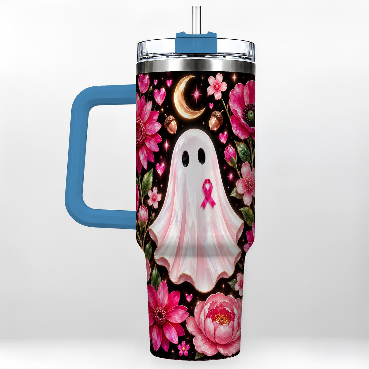 #pl[40oz|Blue] Gem Style Pink Ghost 40oz Tumbler with Handle, Floral Ribbon Travel Cup