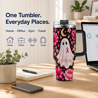 #pl[40oz|Black] Gem Style Pink Ghost 40oz Tumbler with Handle, Floral Ribbon Travel Cup