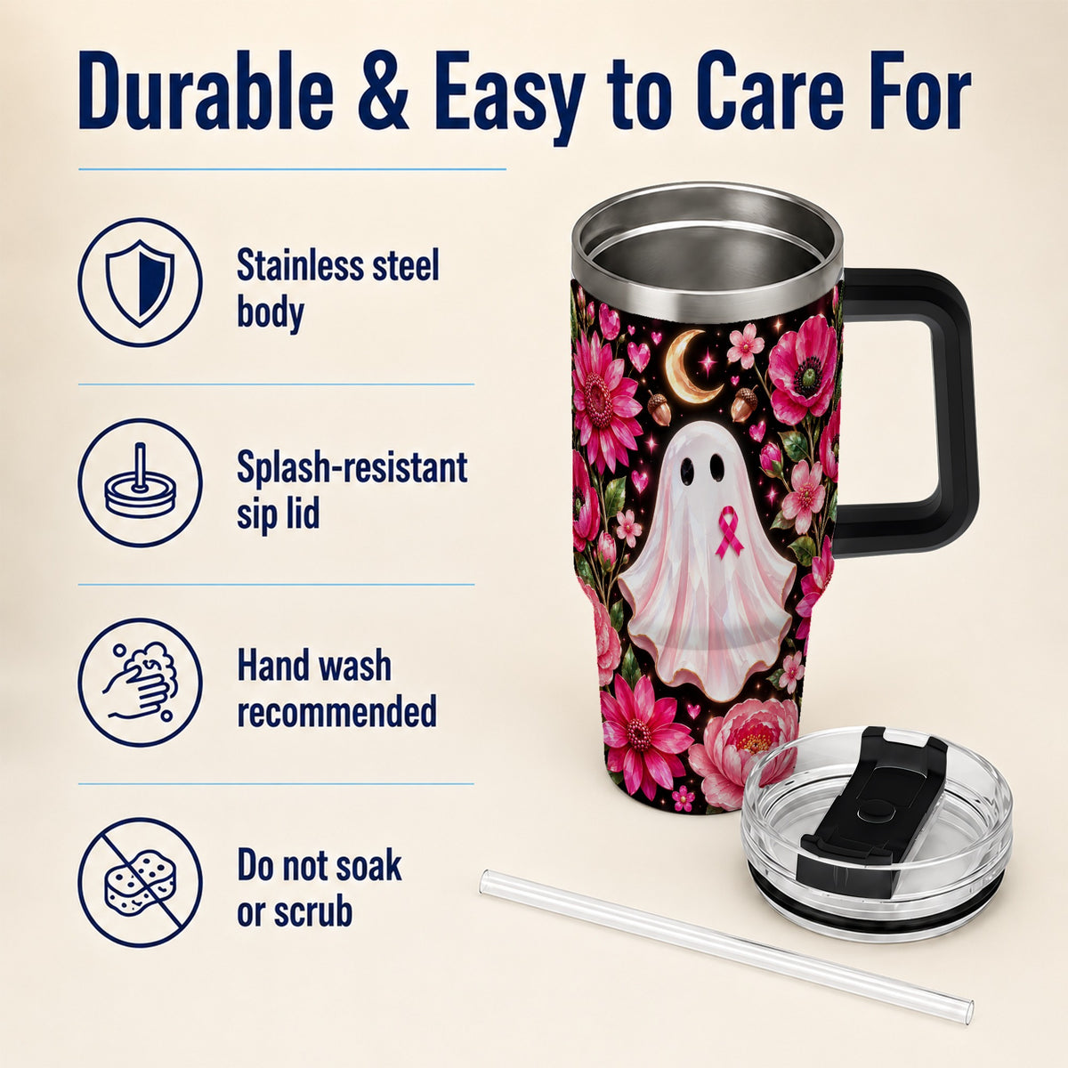 #pl[40oz|Black] Gem Style Pink Ghost 40oz Tumbler with Handle, Floral Ribbon Travel Cup