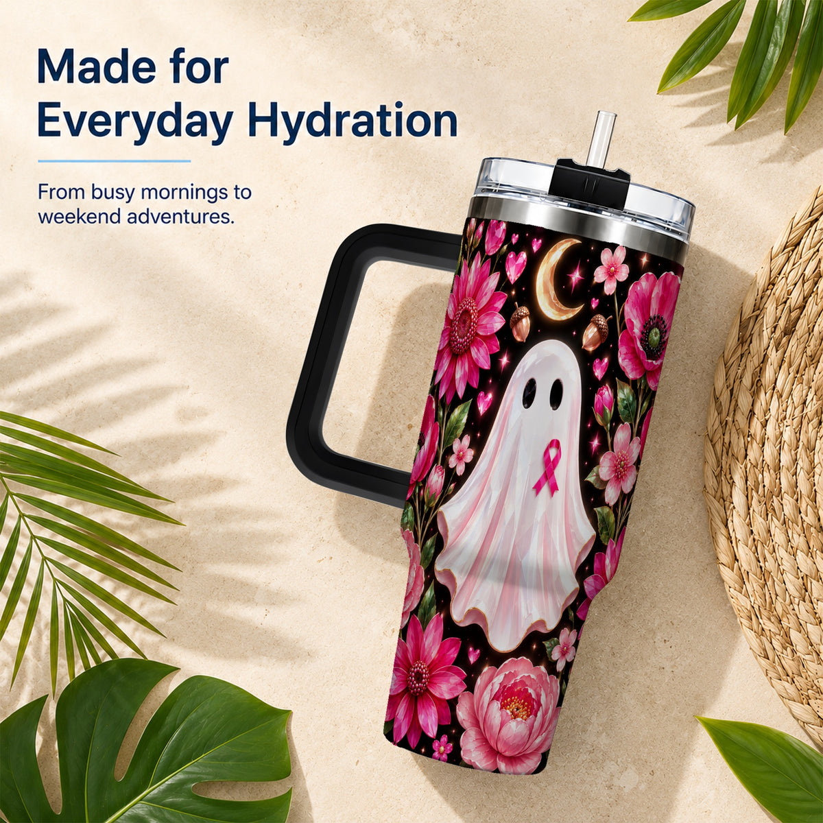 #pl[40oz|Black] Gem Style Pink Ghost 40oz Tumbler with Handle, Floral Ribbon Travel Cup