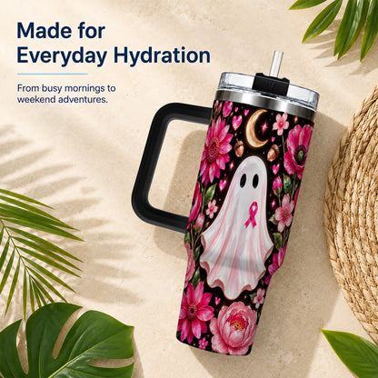 #pl[40oz|Black] Gem Style Pink Ghost 40oz Tumbler with Handle, Floral Ribbon Travel Cup