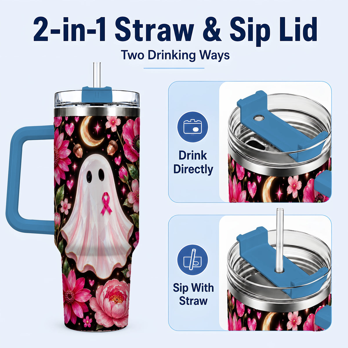 #pl[40oz|Blue] Gem Style Pink Ghost 40oz Tumbler with Handle, Floral Ribbon Travel Cup