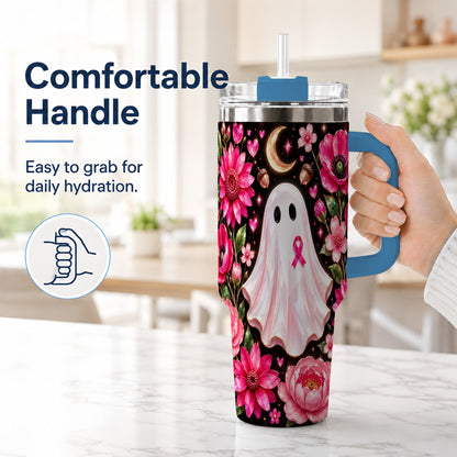 #pl[40oz|Blue] Gem Style Pink Ghost 40oz Tumbler with Handle, Floral Ribbon Travel Cup