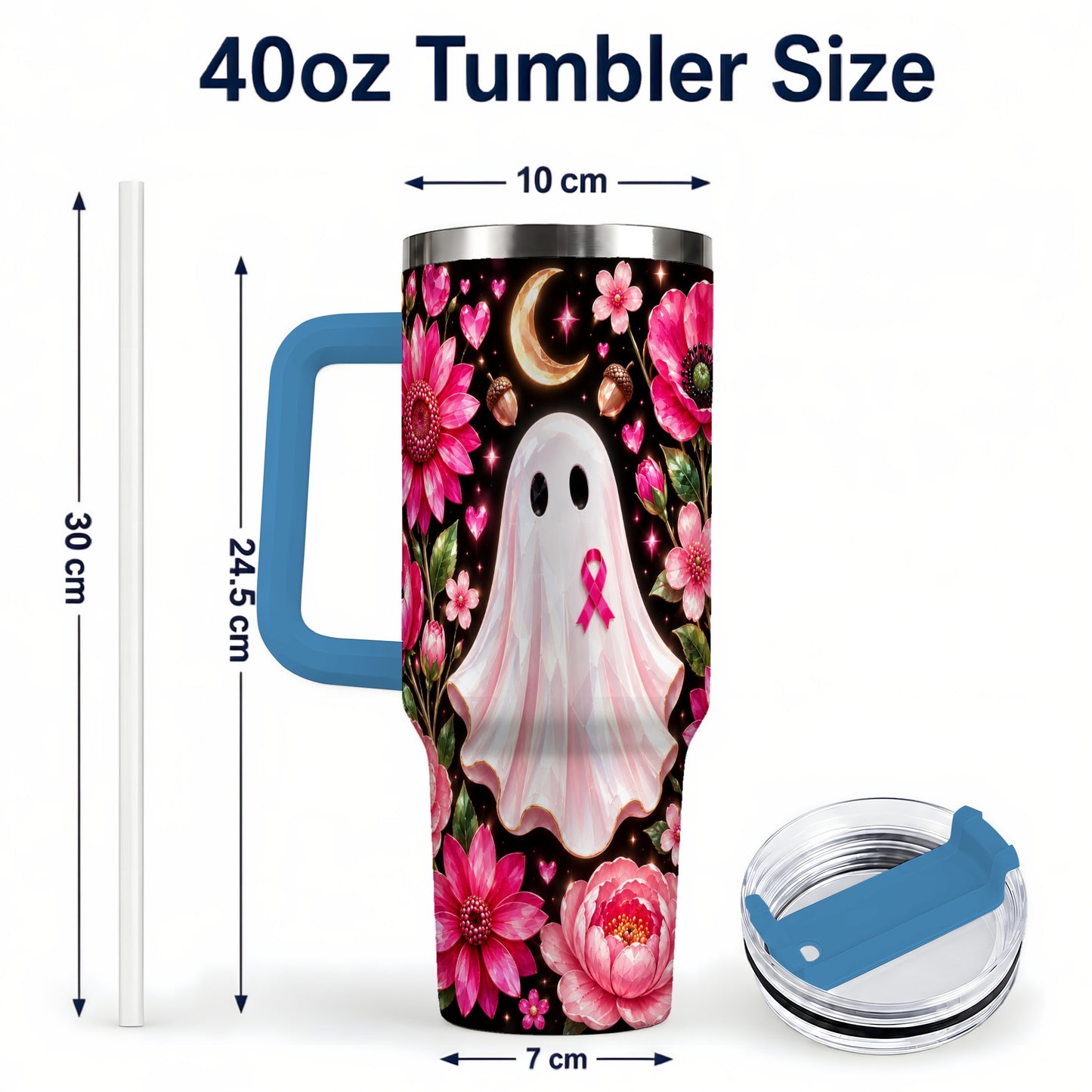 #pl[40oz|Blue] Gem Style Pink Ghost 40oz Tumbler with Handle, Floral Ribbon Travel Cup