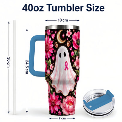 #pl[40oz|Blue] Gem Style Pink Ghost 40oz Tumbler with Handle, Floral Ribbon Travel Cup