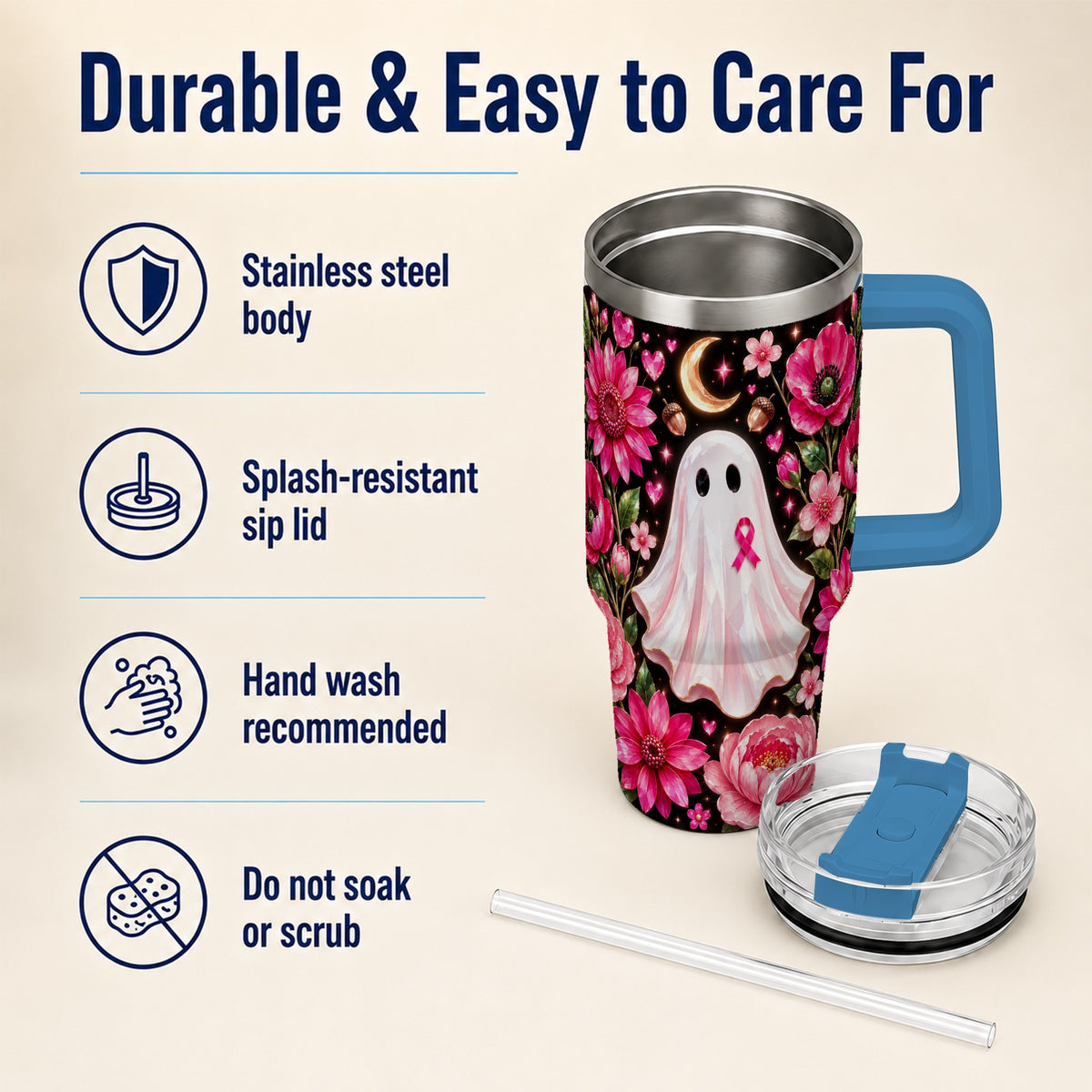 #pl[40oz|Blue] Gem Style Pink Ghost 40oz Tumbler with Handle, Floral Ribbon Travel Cup