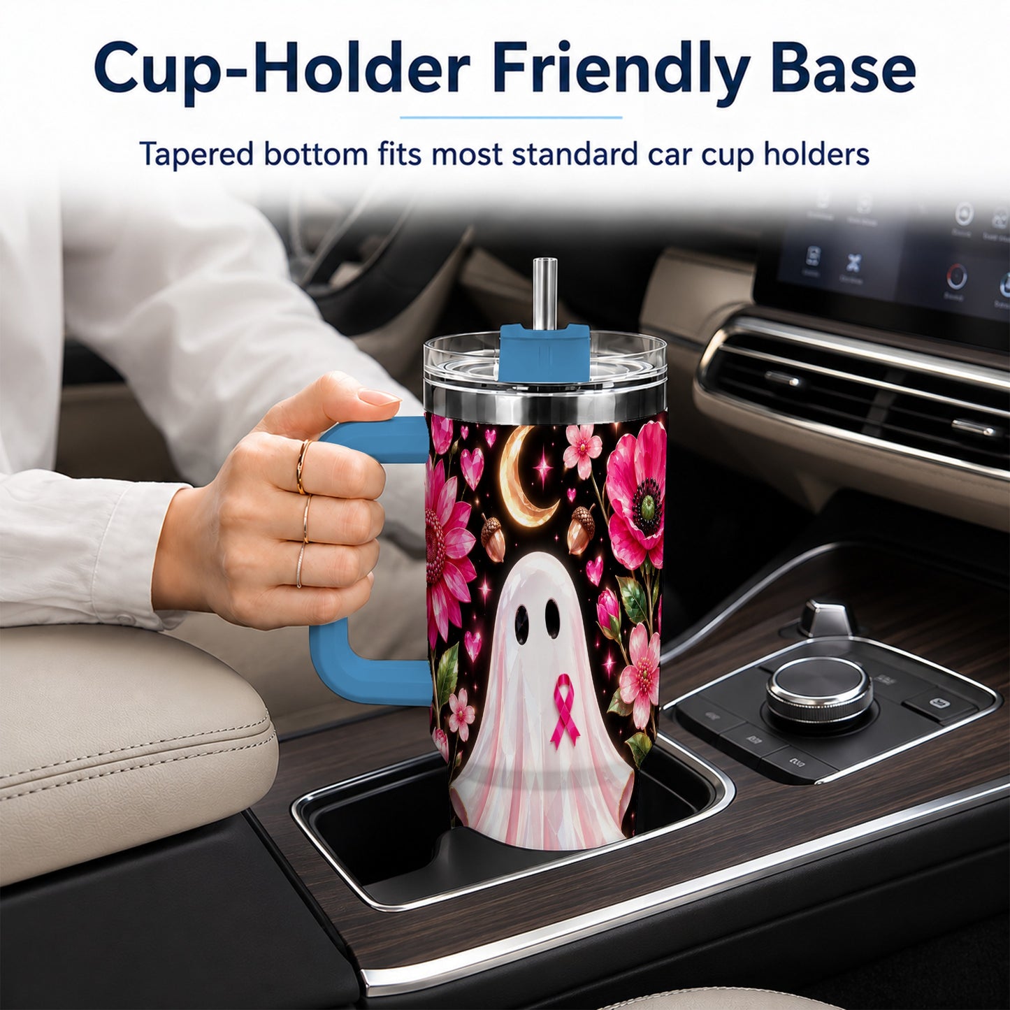 #pl[40oz|Blue] Gem Style Pink Ghost 40oz Tumbler with Handle, Floral Ribbon Travel Cup