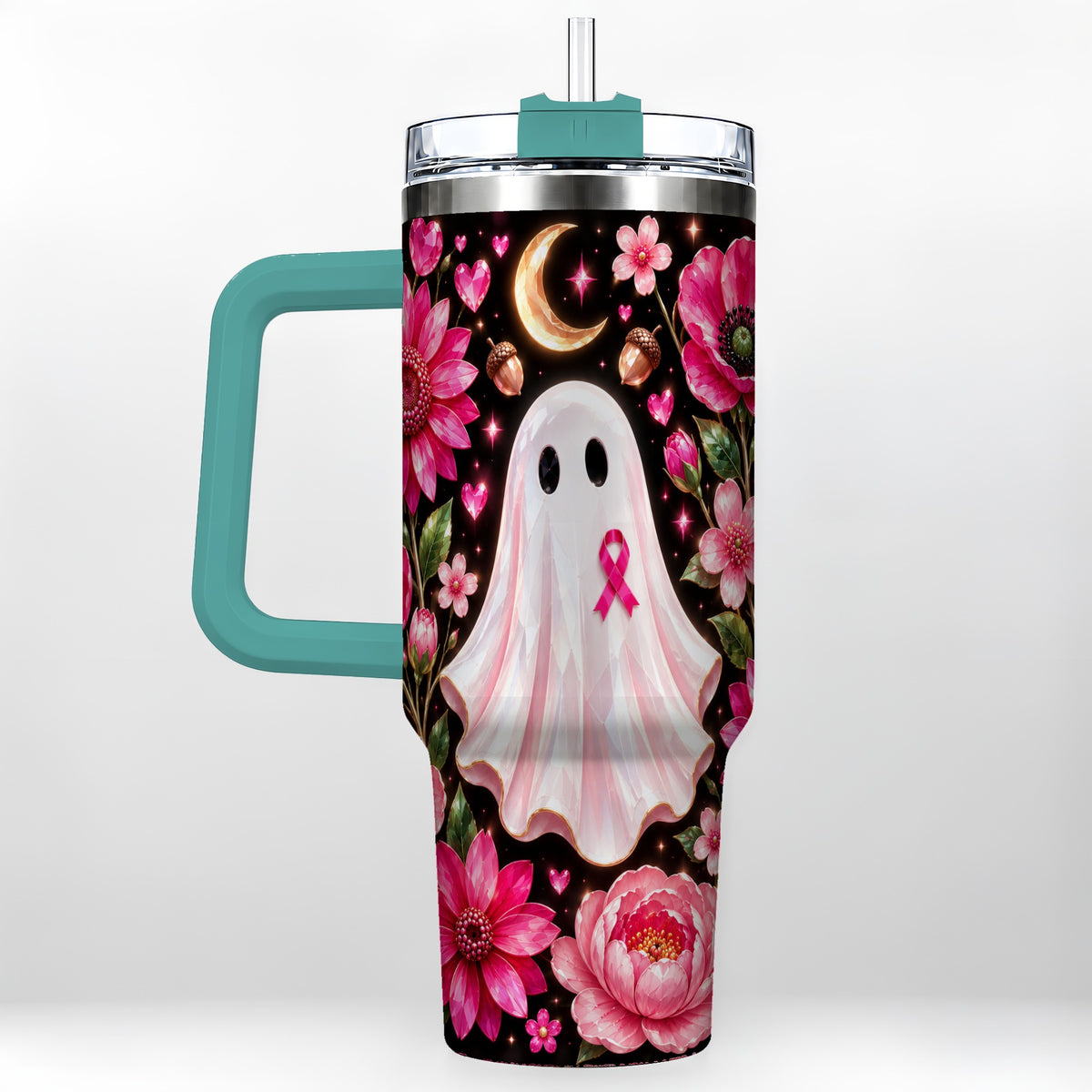 #pl[40oz|Green] Gem Style Pink Ghost 40oz Tumbler with Handle, Floral Ribbon Travel Cup