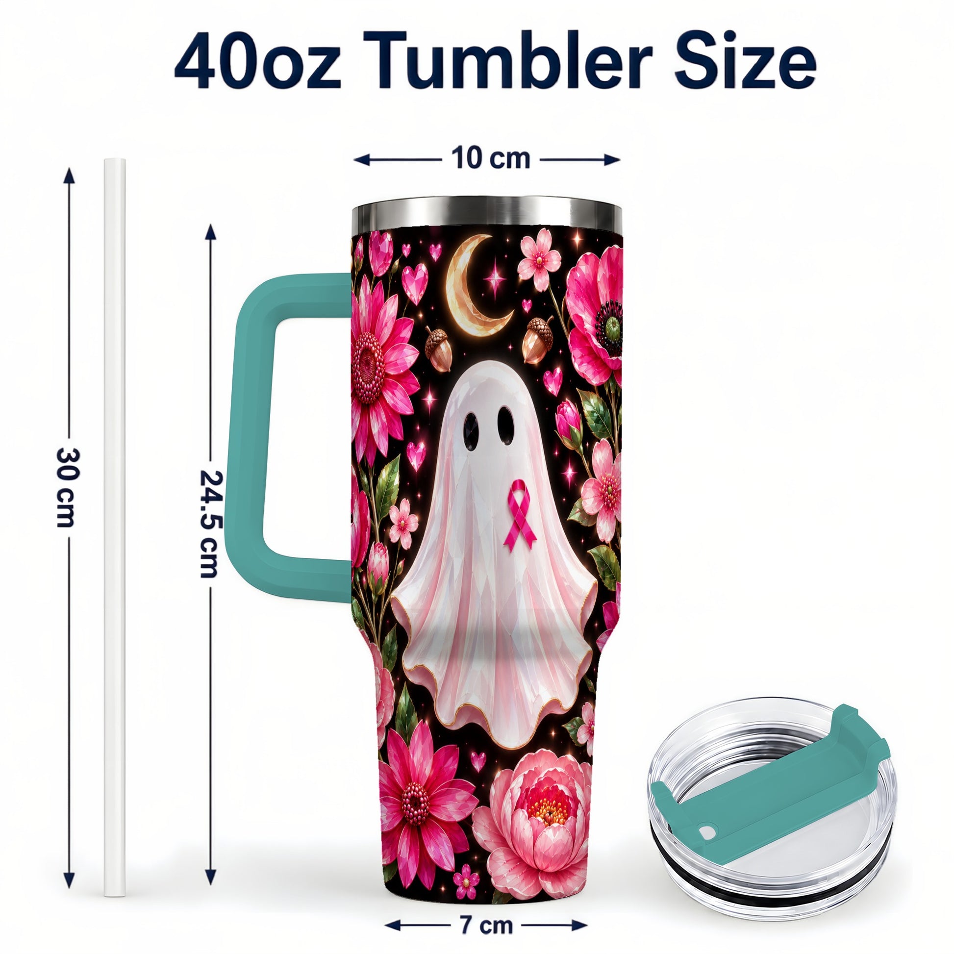 #pl[40oz|Green] Gem Style Pink Ghost 40oz Tumbler with Handle, Floral Ribbon Travel Cup