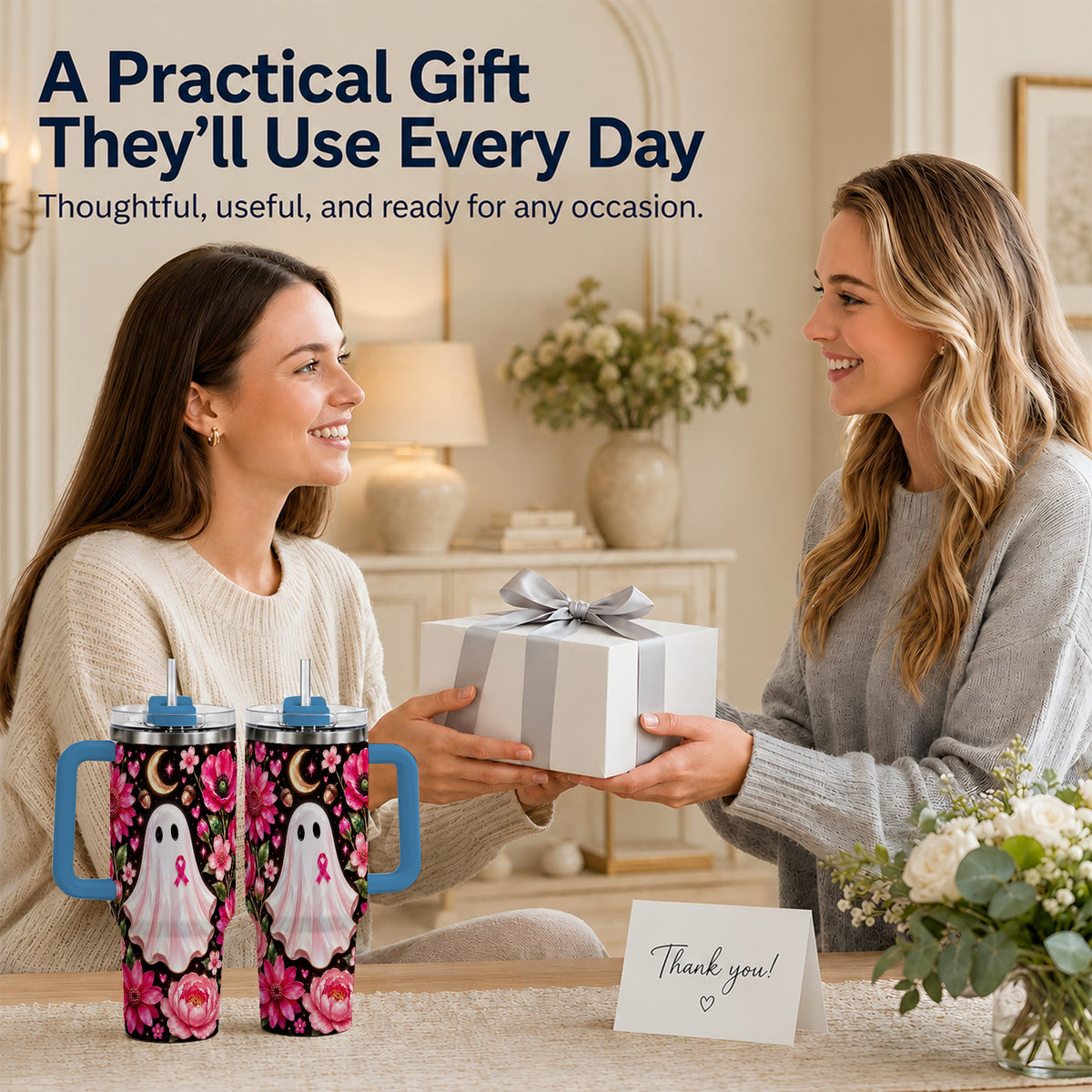 #pl[40oz|Blue] Gem Style Pink Ghost 40oz Tumbler with Handle, Floral Ribbon Travel Cup