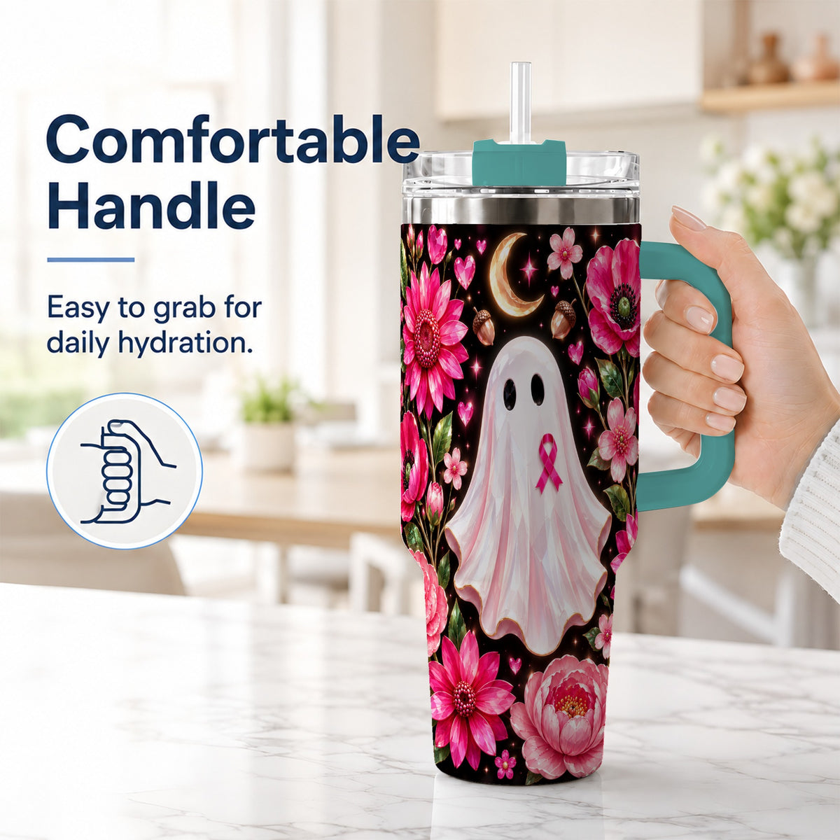 #pl[40oz|Green] Gem Style Pink Ghost 40oz Tumbler with Handle, Floral Ribbon Travel Cup