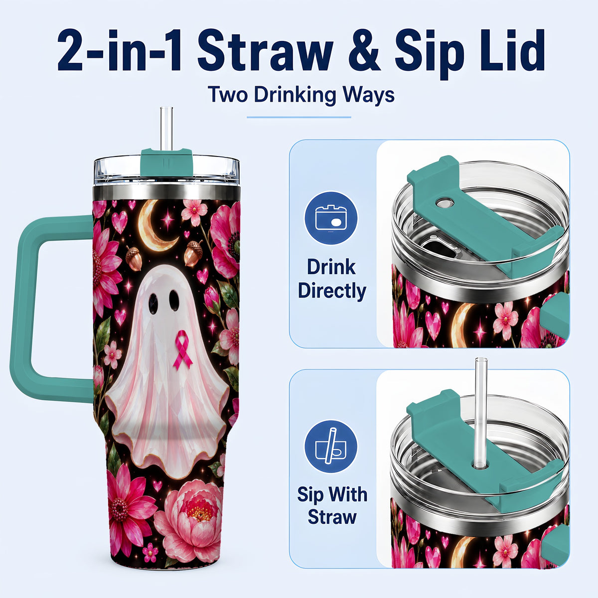 #pl[40oz|Green] Gem Style Pink Ghost 40oz Tumbler with Handle, Floral Ribbon Travel Cup