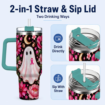 #pl[40oz|Green] Gem Style Pink Ghost 40oz Tumbler with Handle, Floral Ribbon Travel Cup