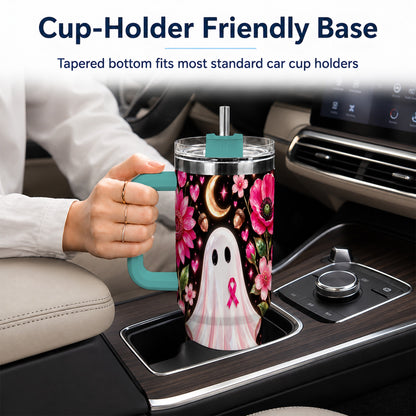 #pl[40oz|Green] Gem Style Pink Ghost 40oz Tumbler with Handle, Floral Ribbon Travel Cup