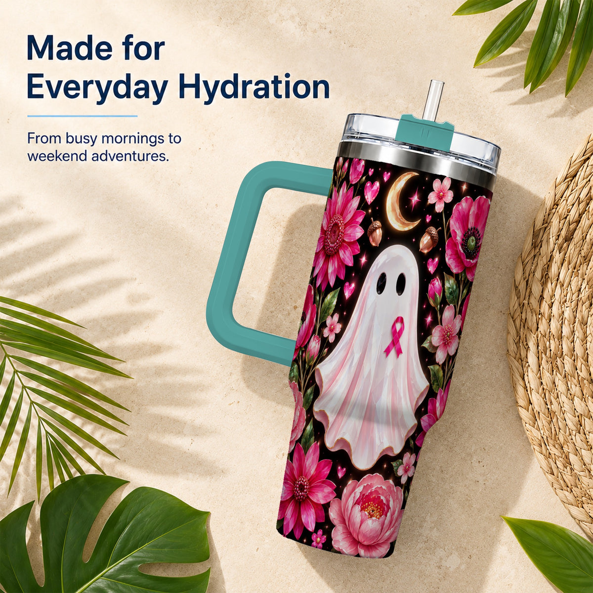 #pl[40oz|Green] Gem Style Pink Ghost 40oz Tumbler with Handle, Floral Ribbon Travel Cup