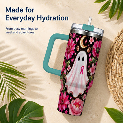 #pl[40oz|Green] Gem Style Pink Ghost 40oz Tumbler with Handle, Floral Ribbon Travel Cup