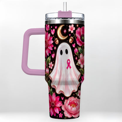 #pl[40oz|Pink] Gem Style Pink Ghost 40oz Tumbler with Handle, Floral Ribbon Travel Cup