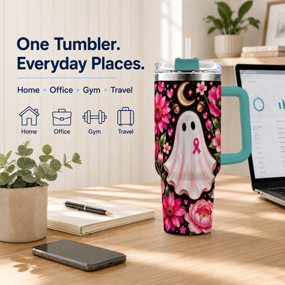 #pl[40oz|Green] Gem Style Pink Ghost 40oz Tumbler with Handle, Floral Ribbon Travel Cup