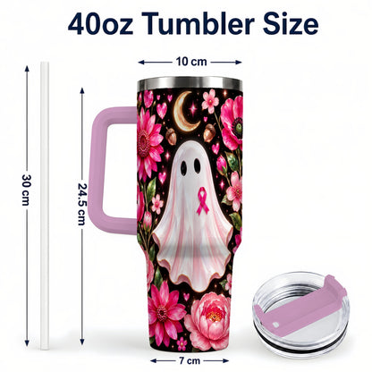 #pl[40oz|Pink] Gem Style Pink Ghost 40oz Tumbler with Handle, Floral Ribbon Travel Cup