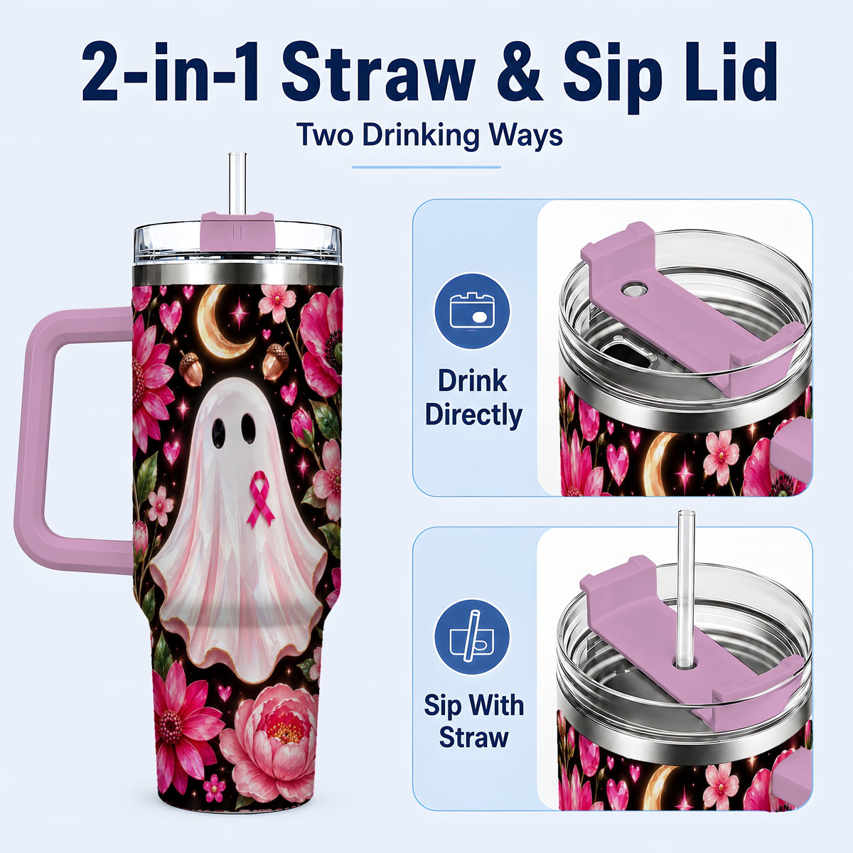 #pl[40oz|Pink] Gem Style Pink Ghost 40oz Tumbler with Handle, Floral Ribbon Travel Cup