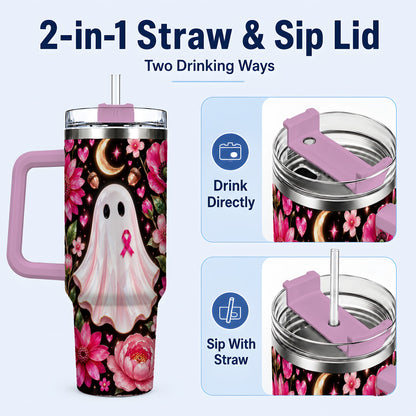 #pl[40oz|Pink] Gem Style Pink Ghost 40oz Tumbler with Handle, Floral Ribbon Travel Cup