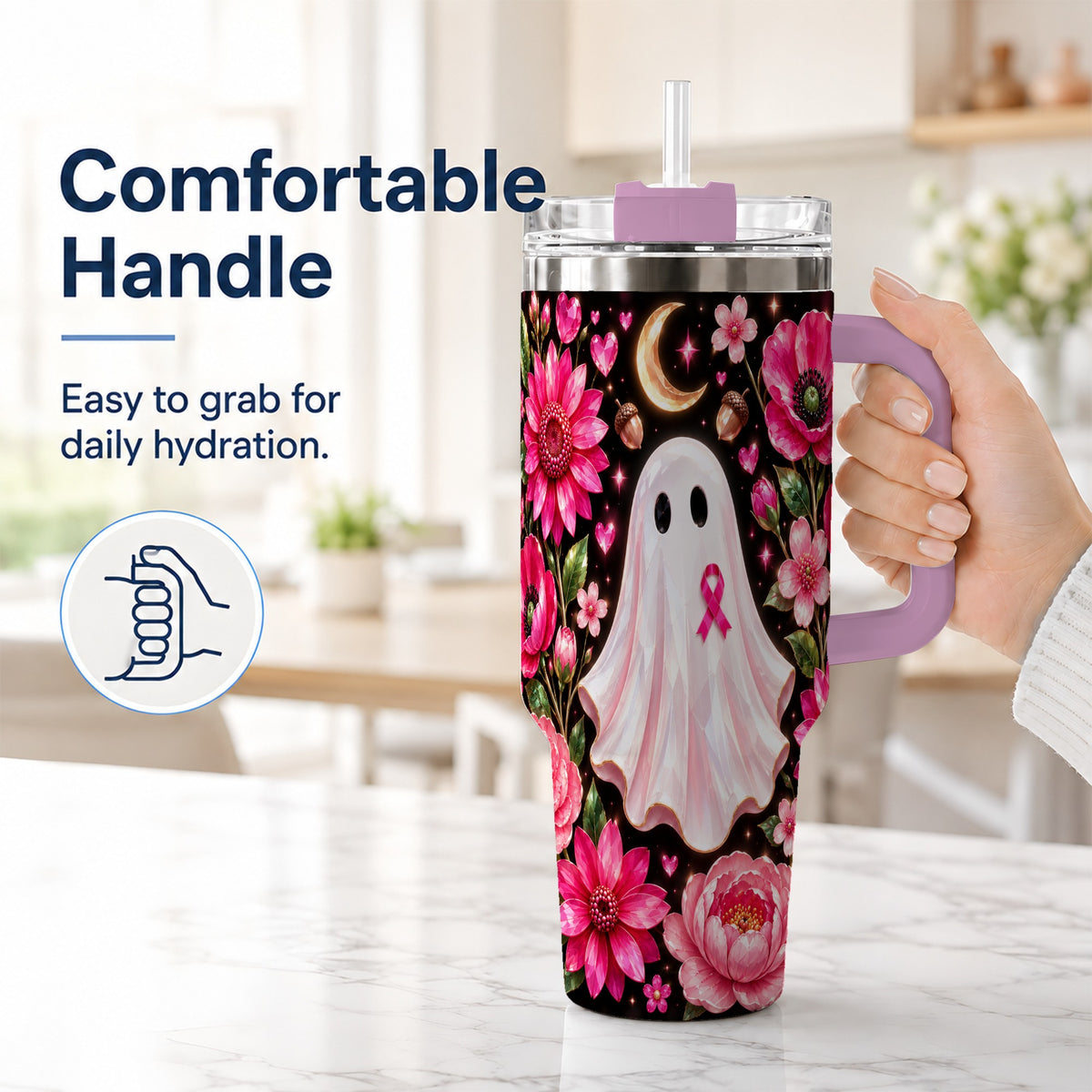 #pl[40oz|Pink] Gem Style Pink Ghost 40oz Tumbler with Handle, Floral Ribbon Travel Cup