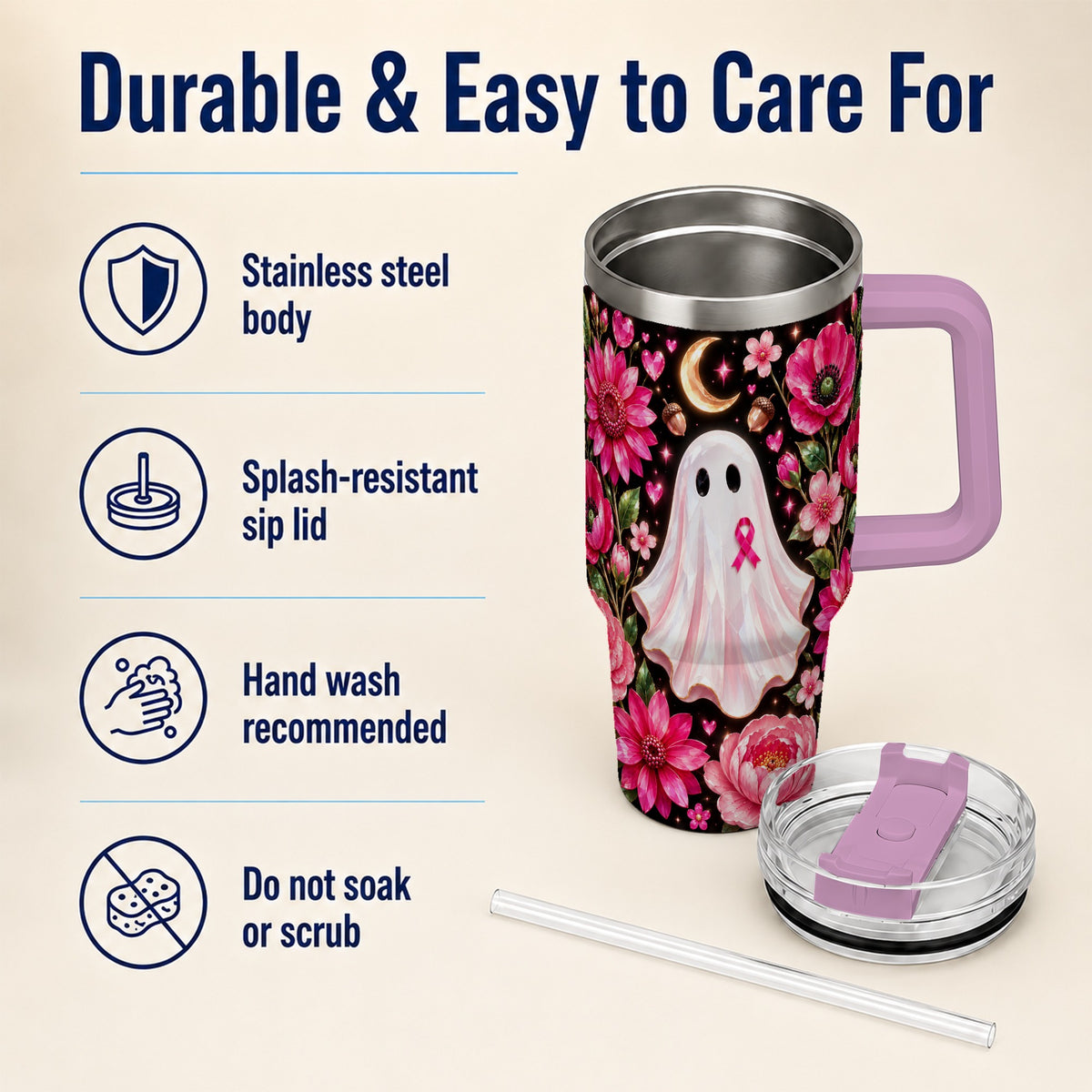 #pl[40oz|Pink] Gem Style Pink Ghost 40oz Tumbler with Handle, Floral Ribbon Travel Cup