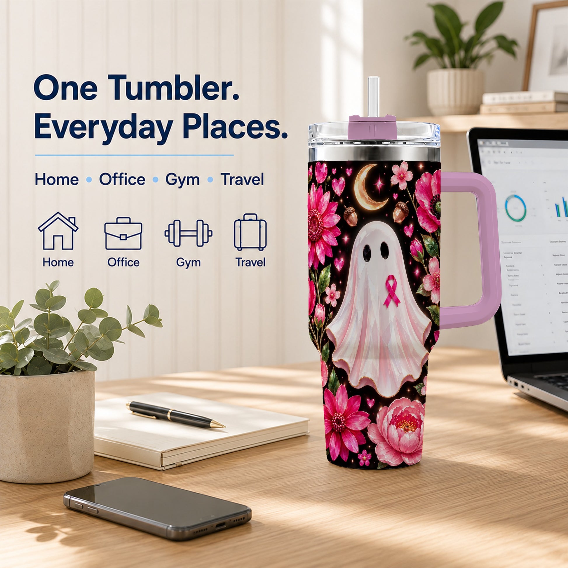 #pl[40oz|Pink] Gem Style Pink Ghost 40oz Tumbler with Handle, Floral Ribbon Travel Cup