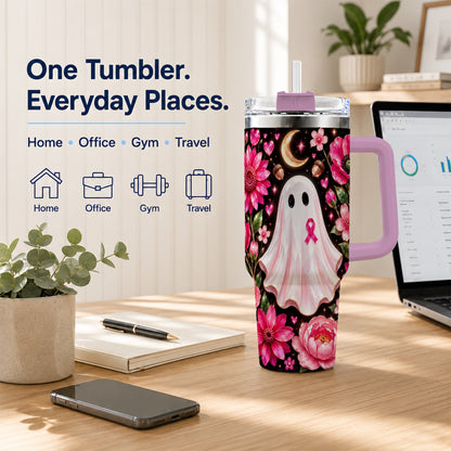 #pl[40oz|Pink] Gem Style Pink Ghost 40oz Tumbler with Handle, Floral Ribbon Travel Cup