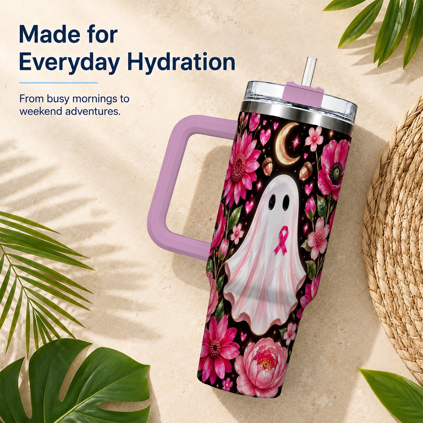 #pl[40oz|Pink] Gem Style Pink Ghost 40oz Tumbler with Handle, Floral Ribbon Travel Cup
