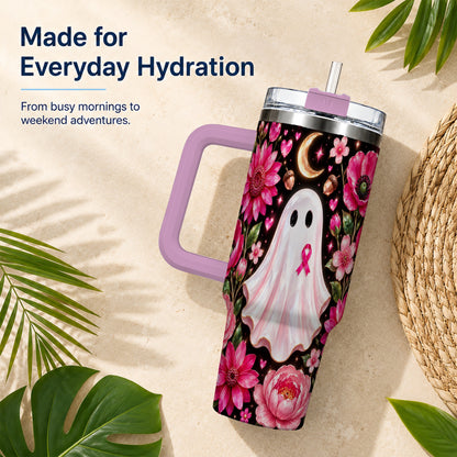 #pl[40oz|Pink] Gem Style Pink Ghost 40oz Tumbler with Handle, Floral Ribbon Travel Cup