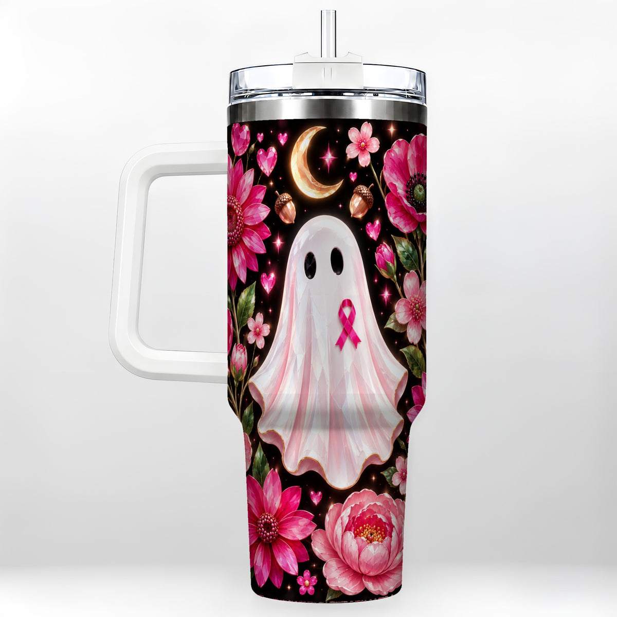 Gem Style Pink Ghost 40oz Tumbler with Handle, Floral Ribbon Travel Cup