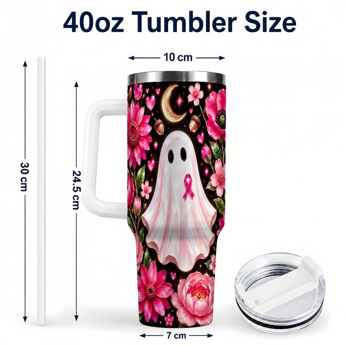 #pl[40oz|White] Gem Style Pink Ghost 40oz Tumbler with Handle, Floral Ribbon Travel Cup