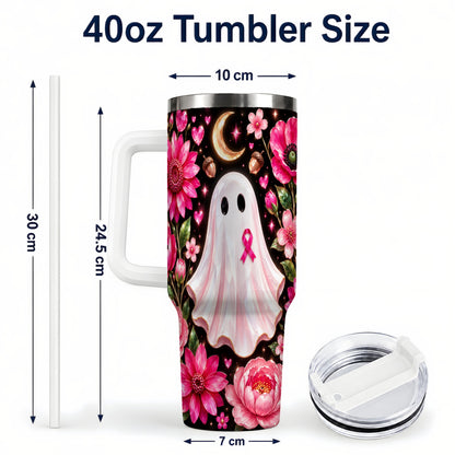 #pl[40oz|White] Gem Style Pink Ghost 40oz Tumbler with Handle, Floral Ribbon Travel Cup