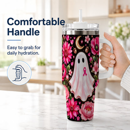 #pl[40oz|White] Gem Style Pink Ghost 40oz Tumbler with Handle, Floral Ribbon Travel Cup